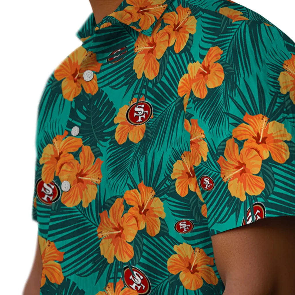 San Francisco 49ers Hawaiian Shirt - Hibiscus and Palm Leaves | Moonbestprint