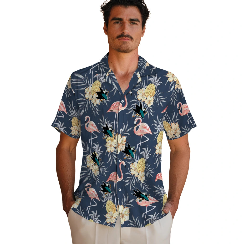 San Jose Sharks Hawaiian Shirt - Flamingo Hibiscus | Moonbestprint