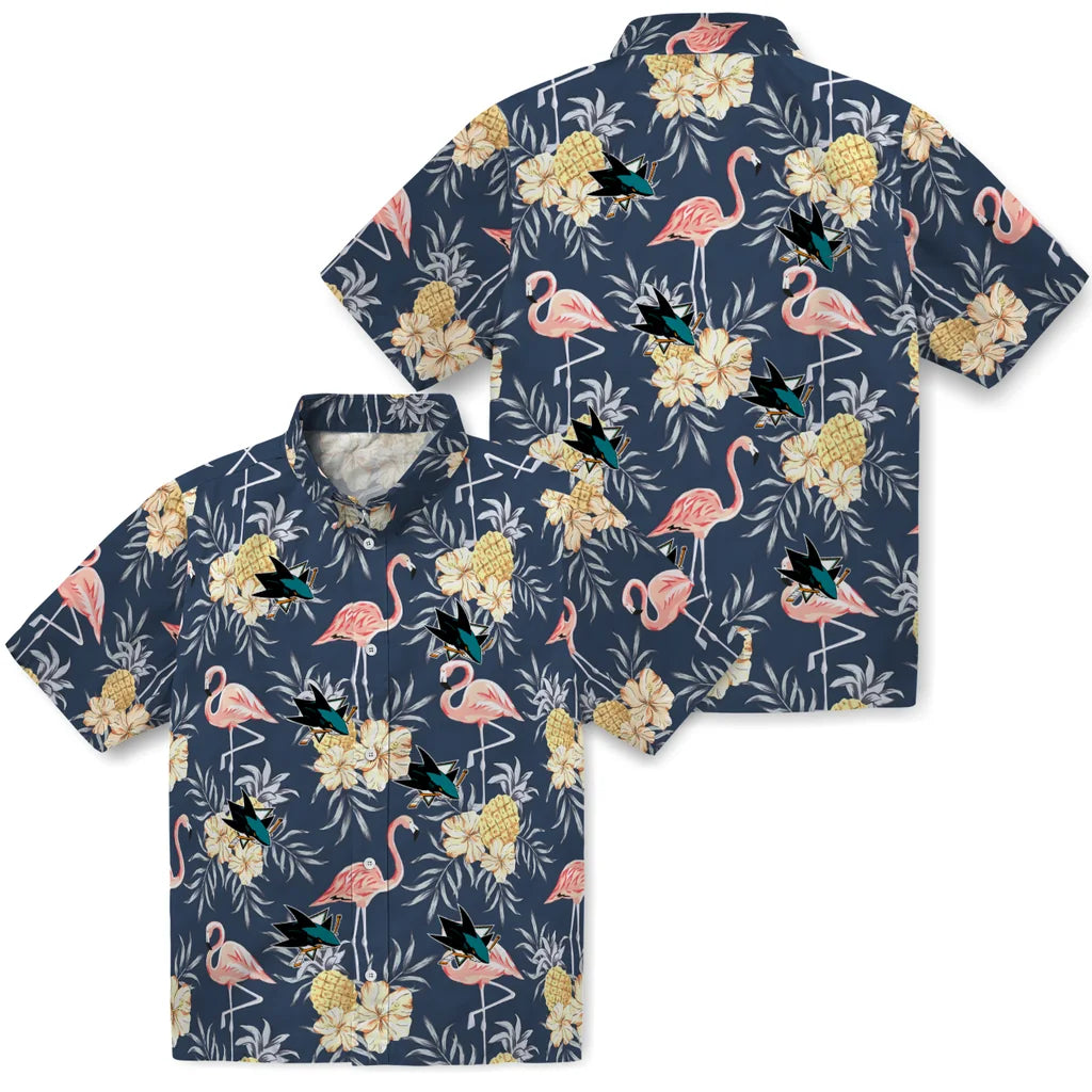 San Jose Sharks Hawaiian Shirt - Flamingo Hibiscus | Moonbestprint