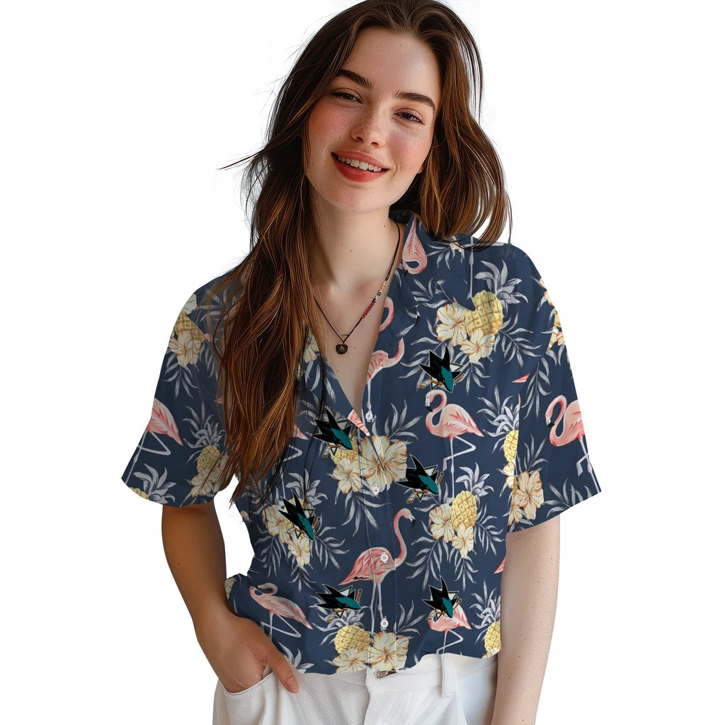San Jose Sharks Hawaiian Shirt - Flamingo Hibiscus | Moonbestprint