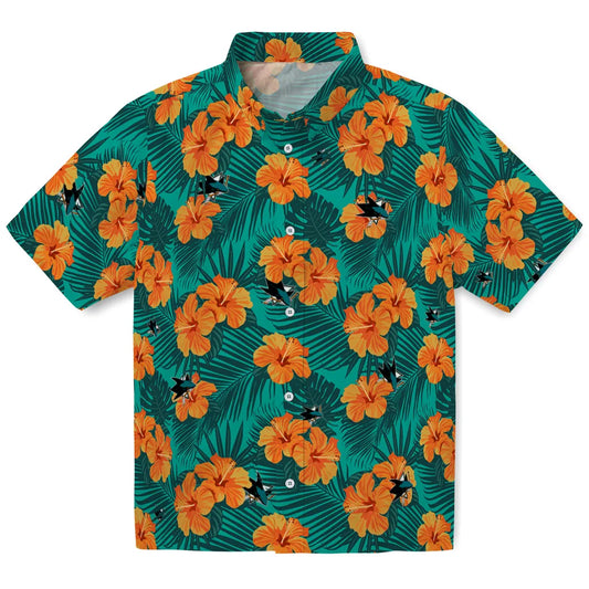 San Jose Sharks Hawaiian Shirt - Hibiscus and Palm Leaves | Moonbestprint
