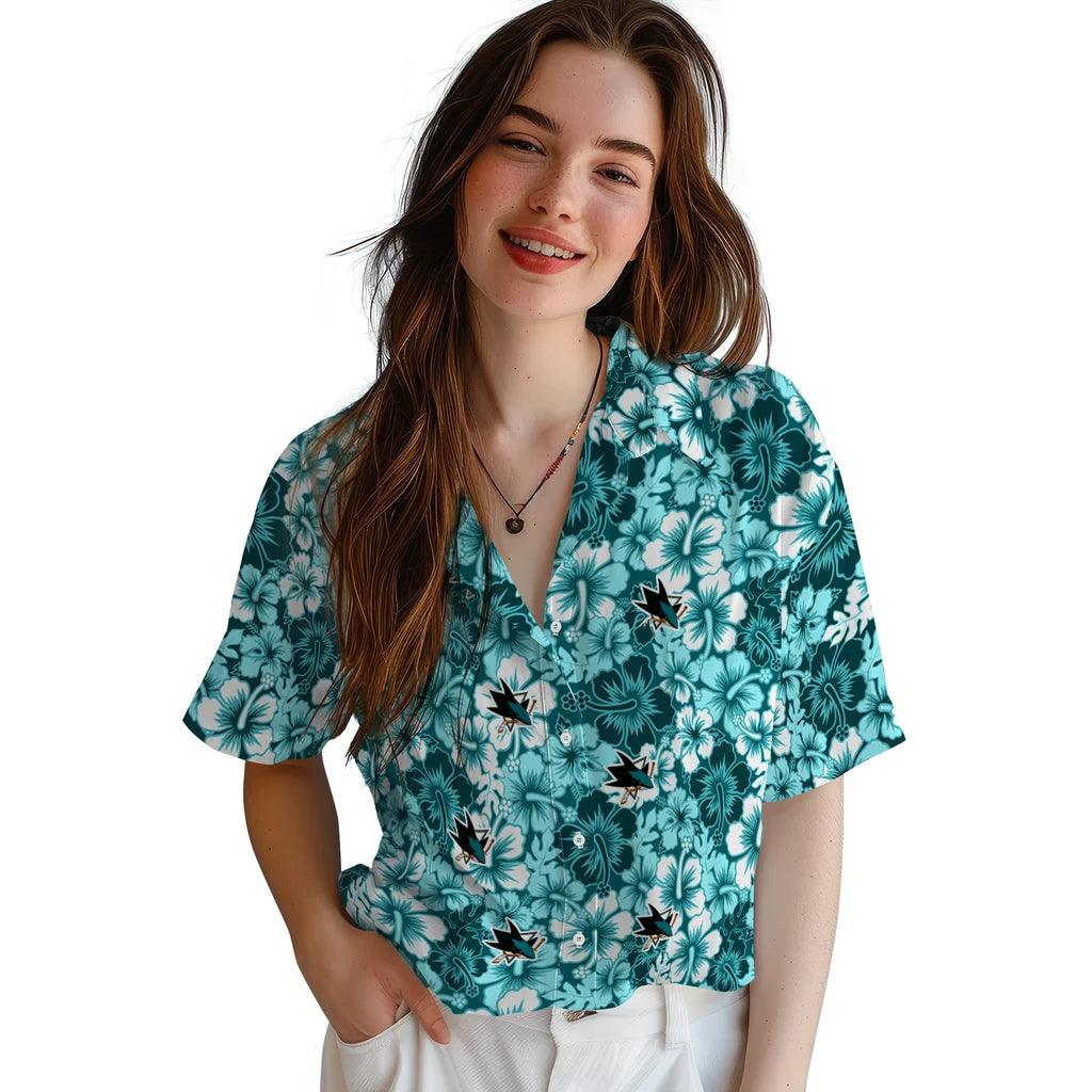 San Jose Sharks Hawaiian Shirt - Hibiscus Blooms | Moonbestprint