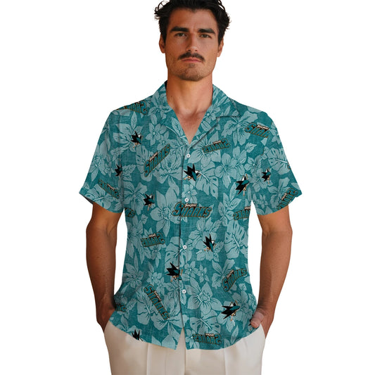 San Jose Sharks Hawaiian Shirt - Hibiscus Oasis | Moonbestprint