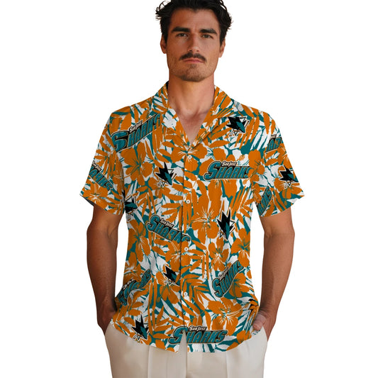 San Jose Sharks Hawaiian Shirt - Hibiscus Overlay | Moonbestprint