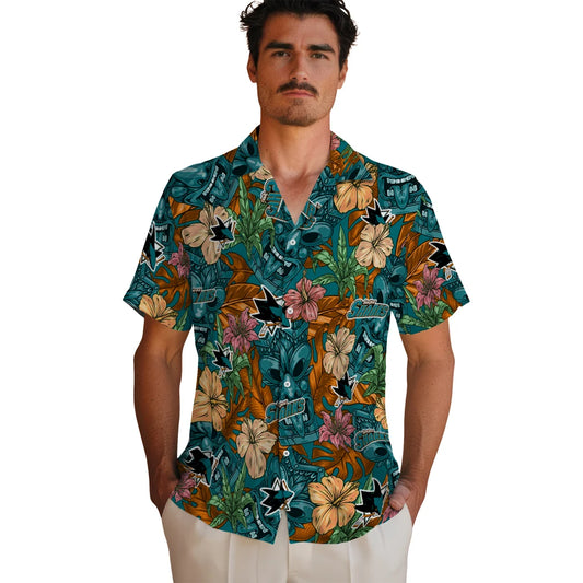 San Jose Sharks Hawaiian Shirt - Hibiscus Tiki Jungle | Moonbestprint