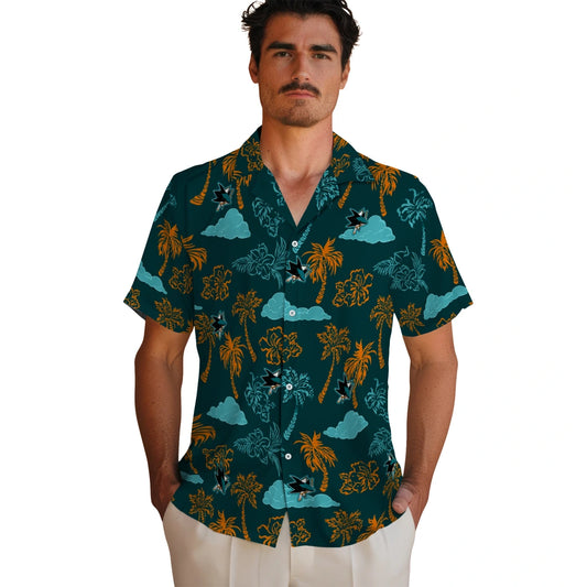 San Jose Sharks Hawaiian Shirt - Palm And Clouds | Moonbestprint