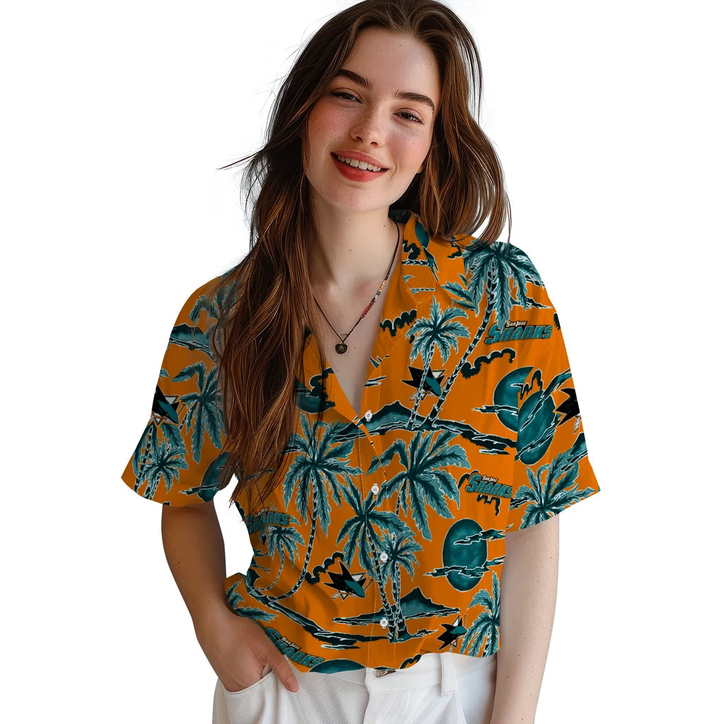 San Jose Sharks Hawaiian Shirt - Palm Sunset | Moonbestprint