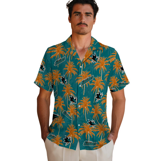 San Jose Sharks Hawaiian Shirt - Palm Tree Motif | Moonbestprint
