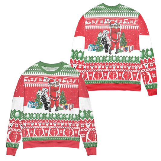 Santa Playing Golf Reindeer Pattern Ugly Christmas Sweater ? Red ? Usalast