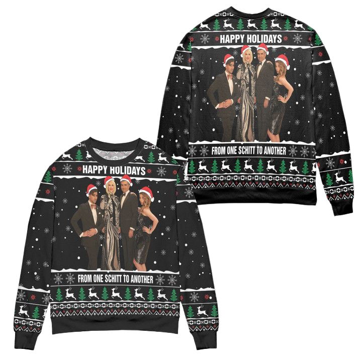 Schitts Creek Happy Holiday From One Schitt To Another Pine Tree And Snowflake Pattern Ugly Christmas Sweater ? Black ? Usalast