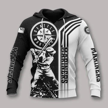 Seattle Mariners Black And White MLB All Over Print Hoodie -Moonbestprint