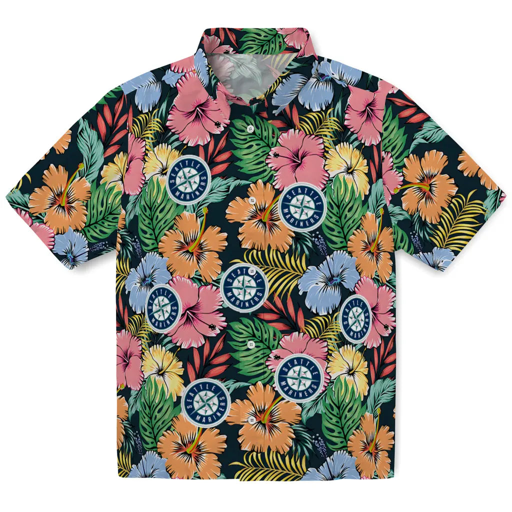 Seattle Mariners Hawaiian Shirt - Brilliant Hibiscus Garden | Moonbestprint