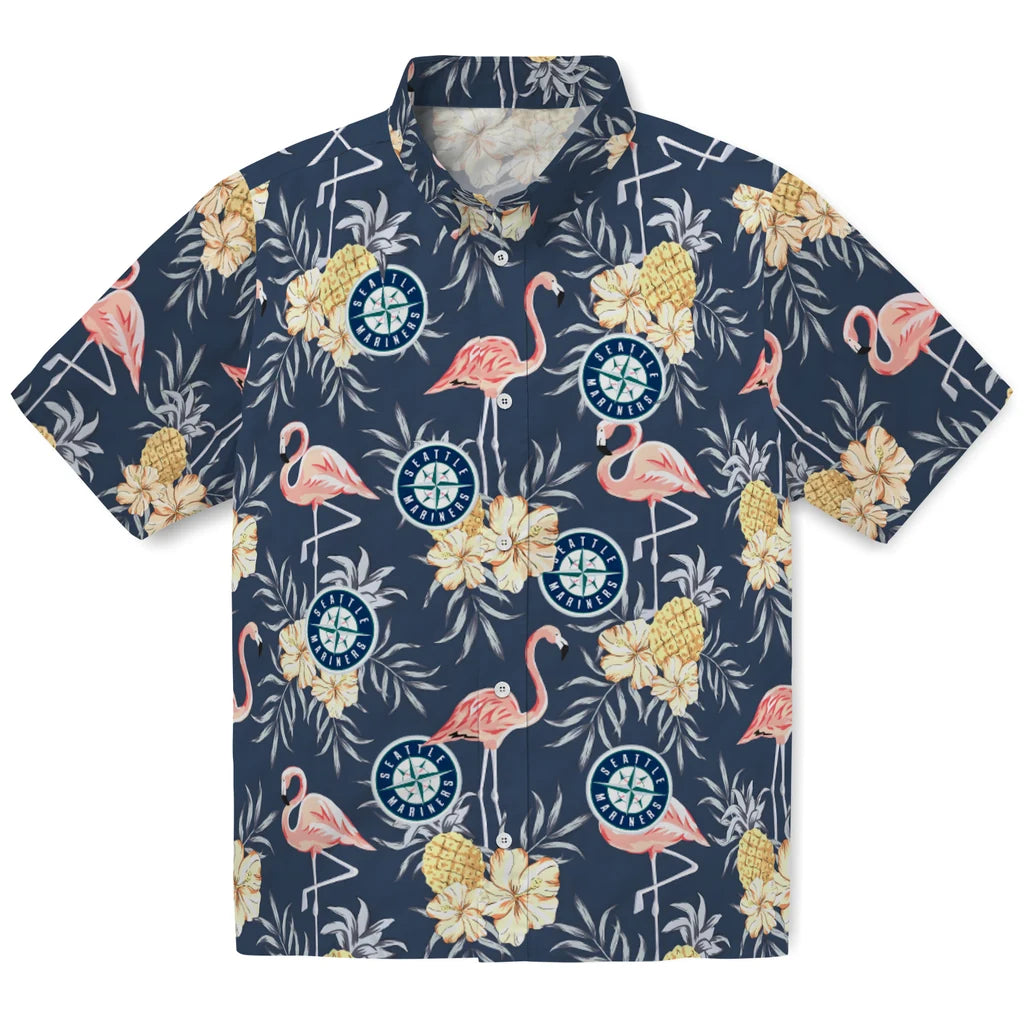 Seattle Mariners Hawaiian Shirt - Flamingo Hibiscus | Moonbestprint