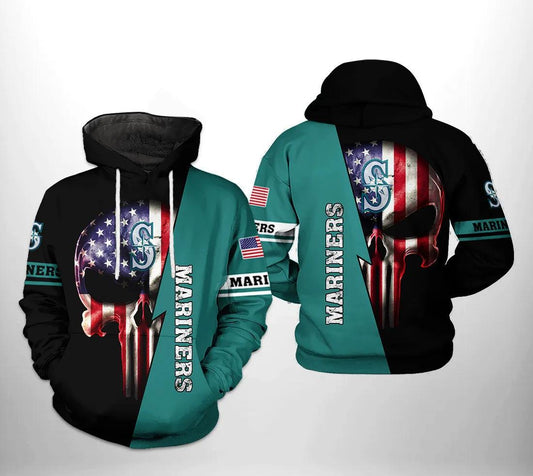 Seattle Mariners MLB US Flag Skull 3D MLB All Over Print Hoodie -Moonbestprint