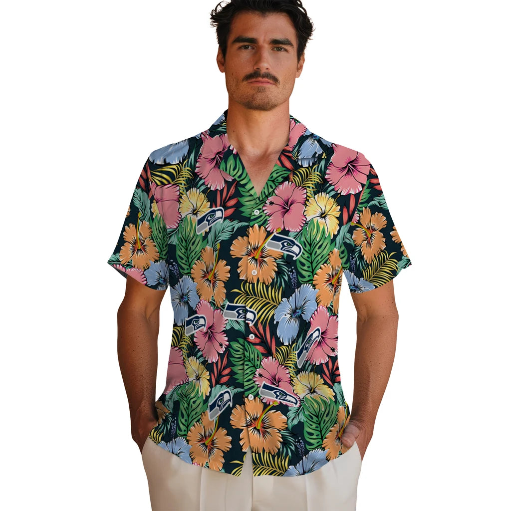 Seattle Seahawks Hawaiian Shirt - Brilliant Hibiscus Garden | Moonbestprint