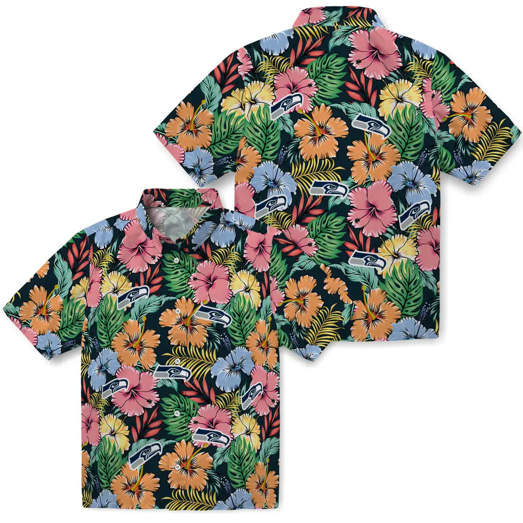 Seattle Seahawks Hawaiian Shirt - Brilliant Hibiscus Garden | Moonbestprint