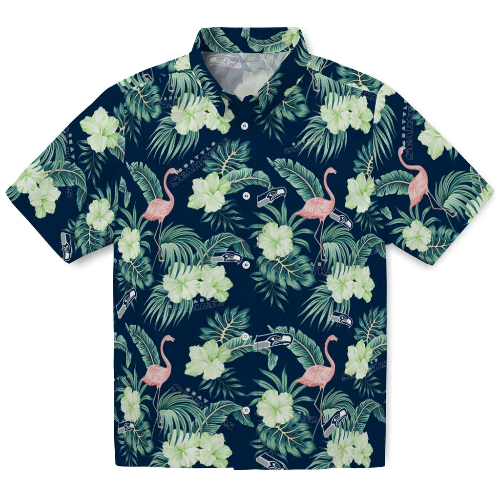 Seattle Seahawks Hawaiian Shirt - Flamingo and Hibiscus | Moonbestprint