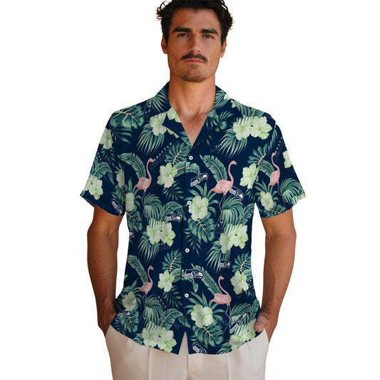 Seattle Seahawks Hawaiian Shirt - Flamingo and Hibiscus | Moonbestprint