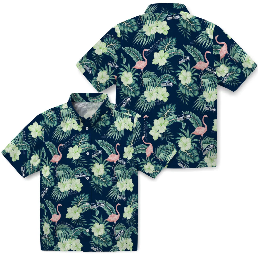 Seattle Seahawks Hawaiian Shirt - Flamingo and Hibiscus | Moonbestprint