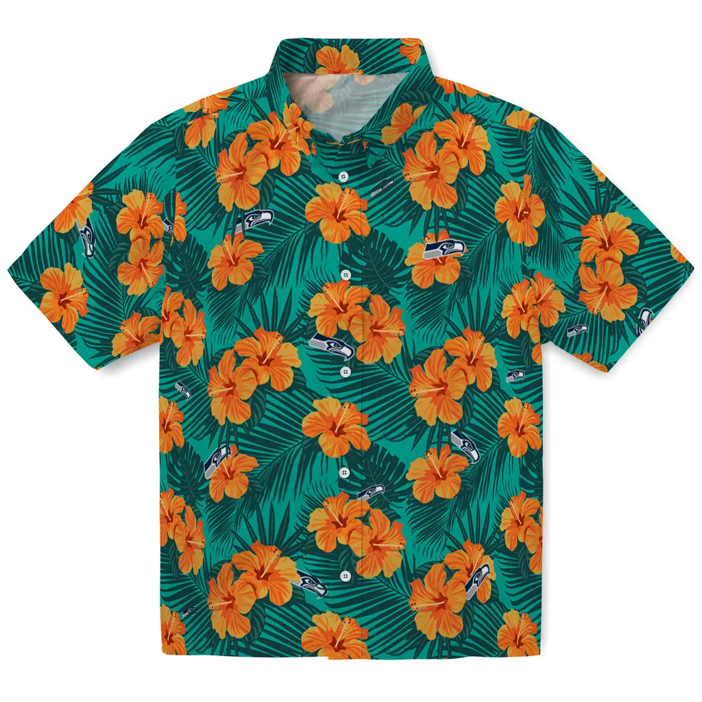 Seattle Seahawks Hawaiian Shirt - Hibiscus and Palm Leaves | Moonbestprint