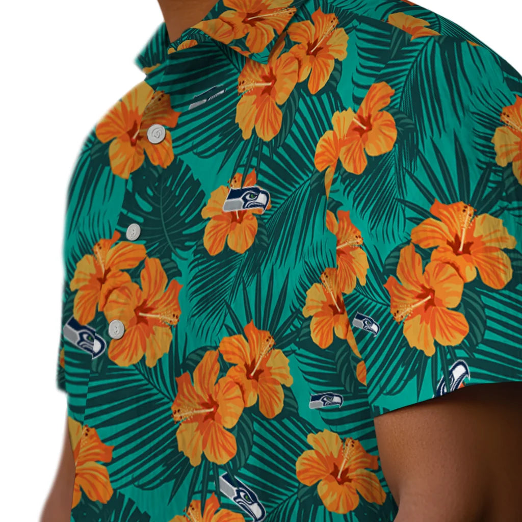 Seattle Seahawks Hawaiian Shirt - Hibiscus and Palm Leaves | Moonbestprint