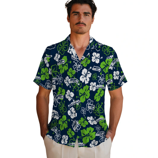 Seattle Seahawks Hawaiian Shirt - Hibiscus Flower Design | Moonbestprint