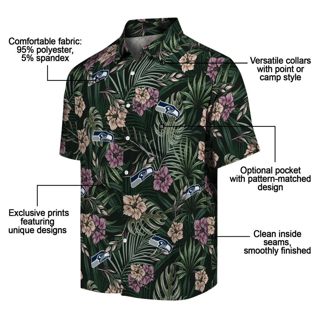Seattle Seahawks Hawaiian Shirt - Hibiscus Leaves Pattern | Moonbestprint