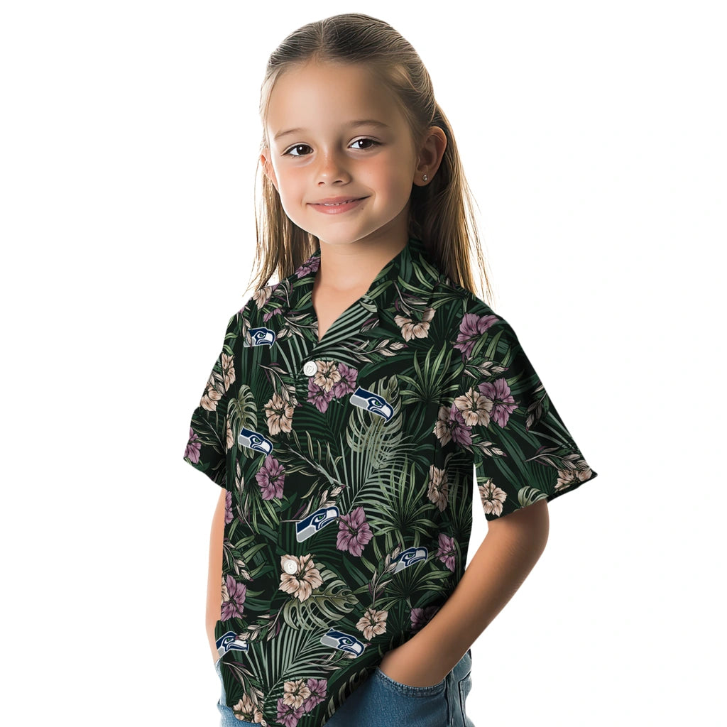 Seattle Seahawks Hawaiian Shirt - Hibiscus Leaves Pattern | Moonbestprint