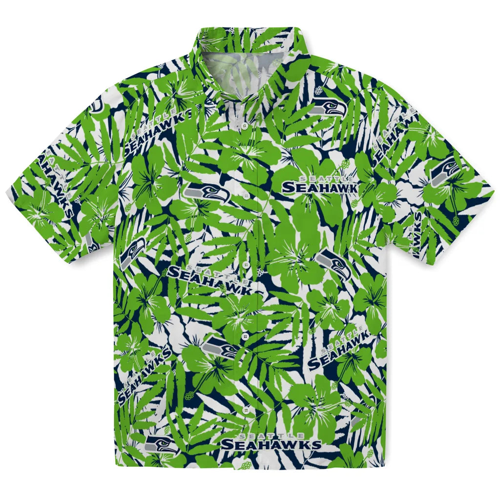 Seattle Seahawks Hawaiian Shirt - Hibiscus Overlay | Moonbestprint