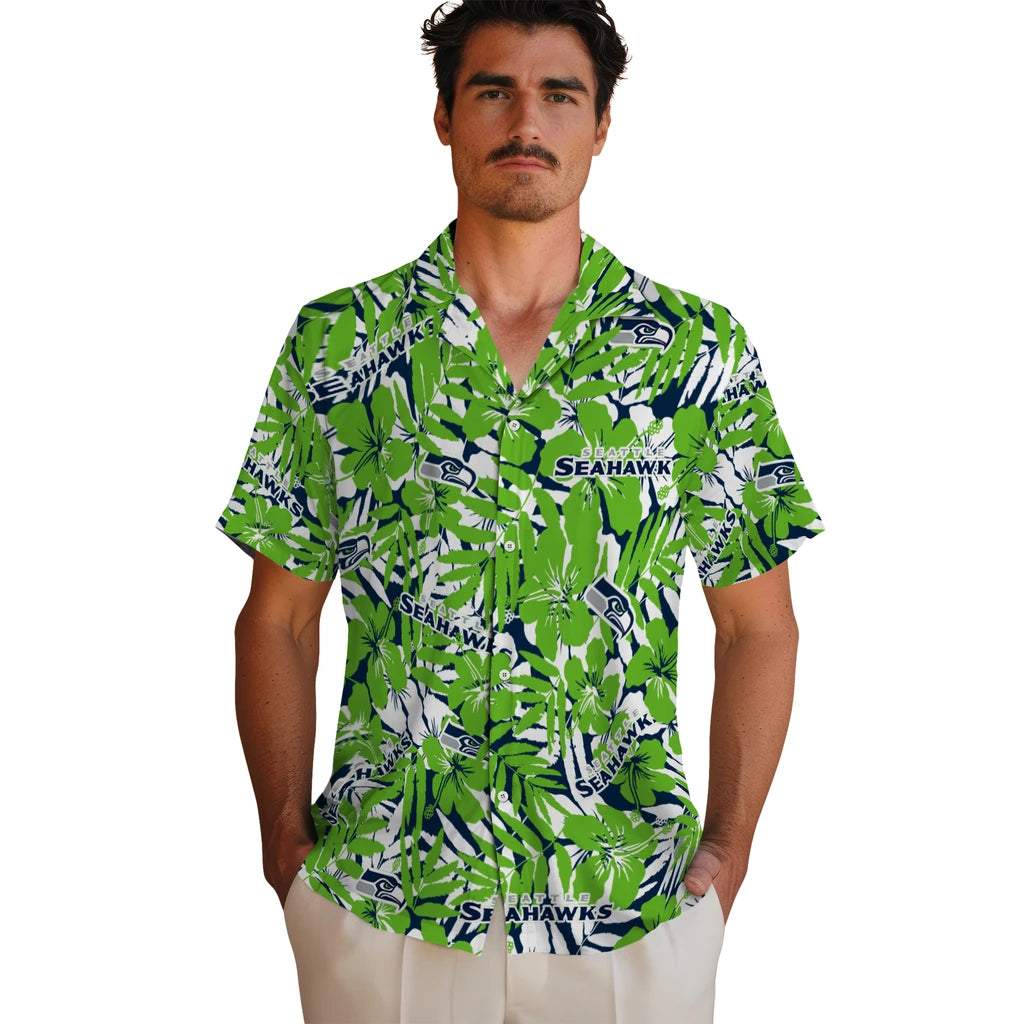 Seattle Seahawks Hawaiian Shirt - Hibiscus Overlay | Moonbestprint