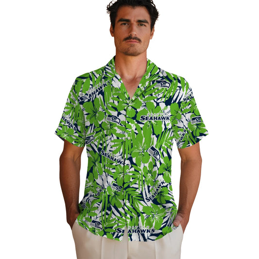 Seattle Seahawks Hawaiian Shirt - Hibiscus Overlay | Moonbestprint