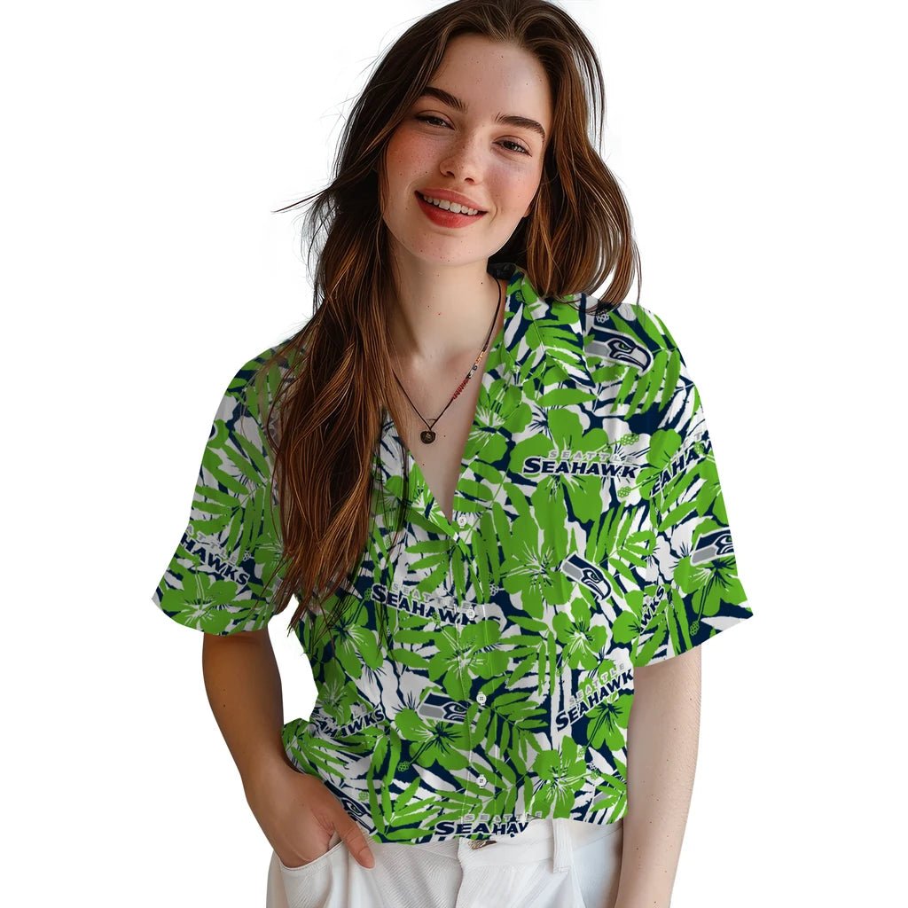 Seattle Seahawks Hawaiian Shirt - Hibiscus Overlay | Moonbestprint