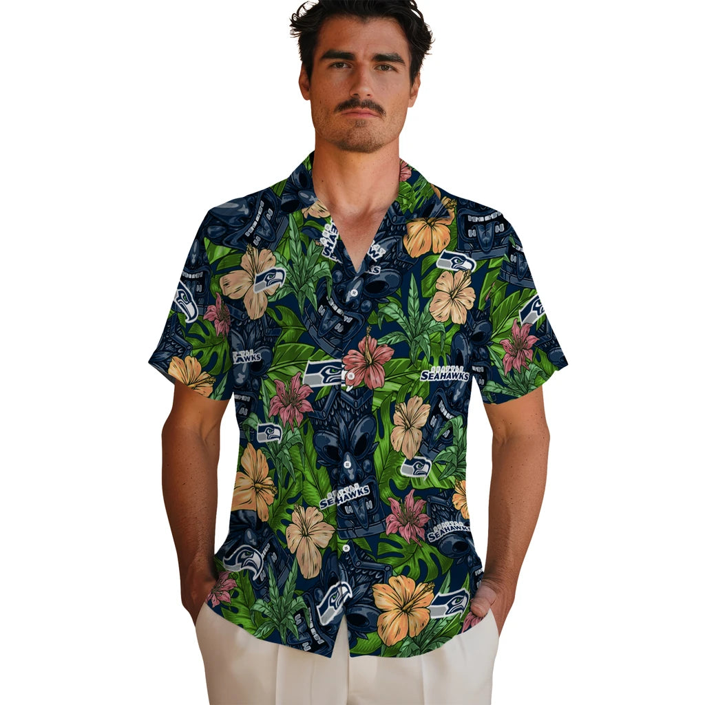 Seattle Seahawks Hawaiian Shirt - Hibiscus Tiki Jungle | Moonbestprint
