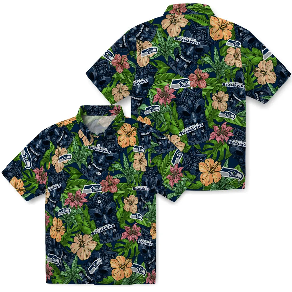 Seattle Seahawks Hawaiian Shirt - Hibiscus Tiki Jungle | Moonbestprint
