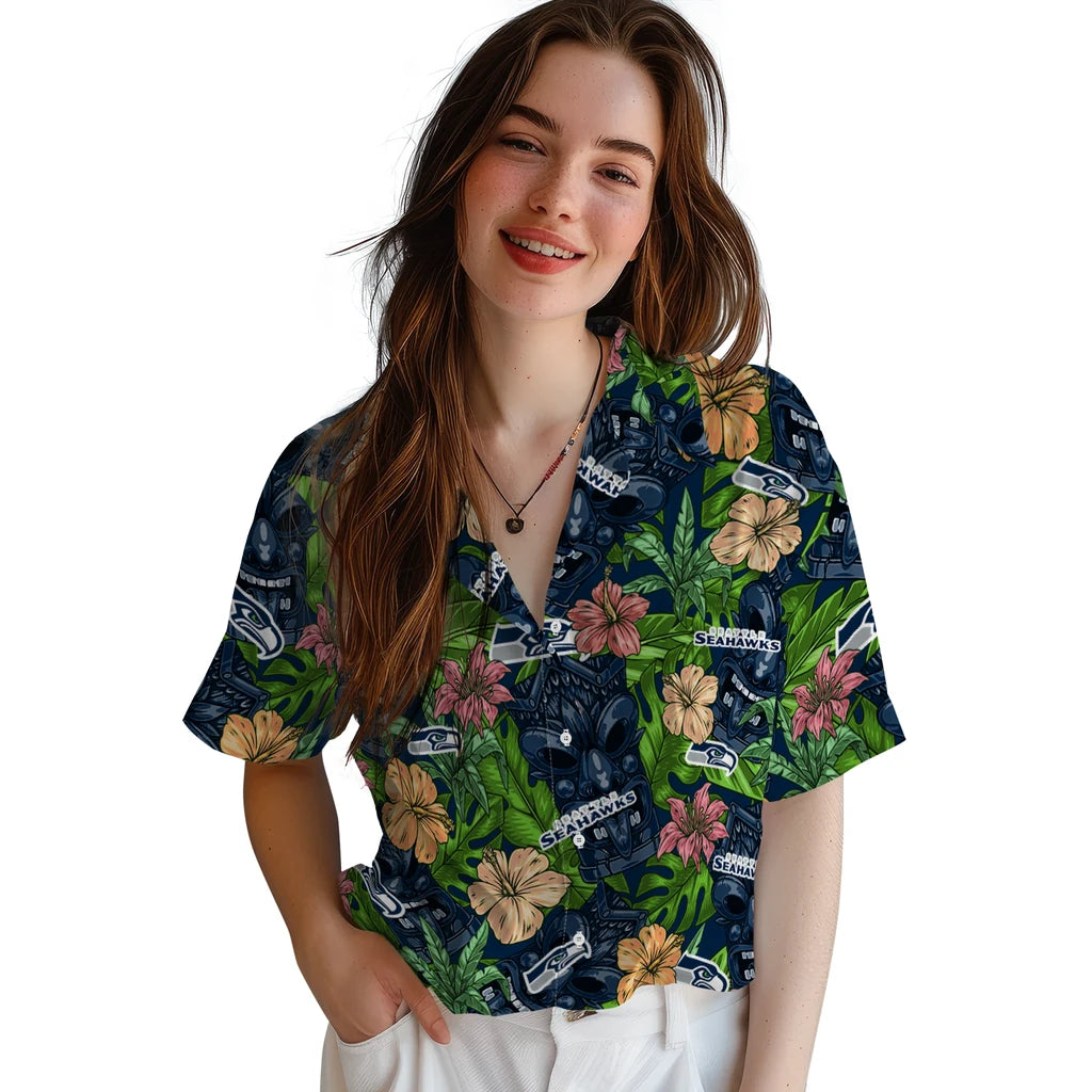 Seattle Seahawks Hawaiian Shirt - Hibiscus Tiki Jungle | Moonbestprint