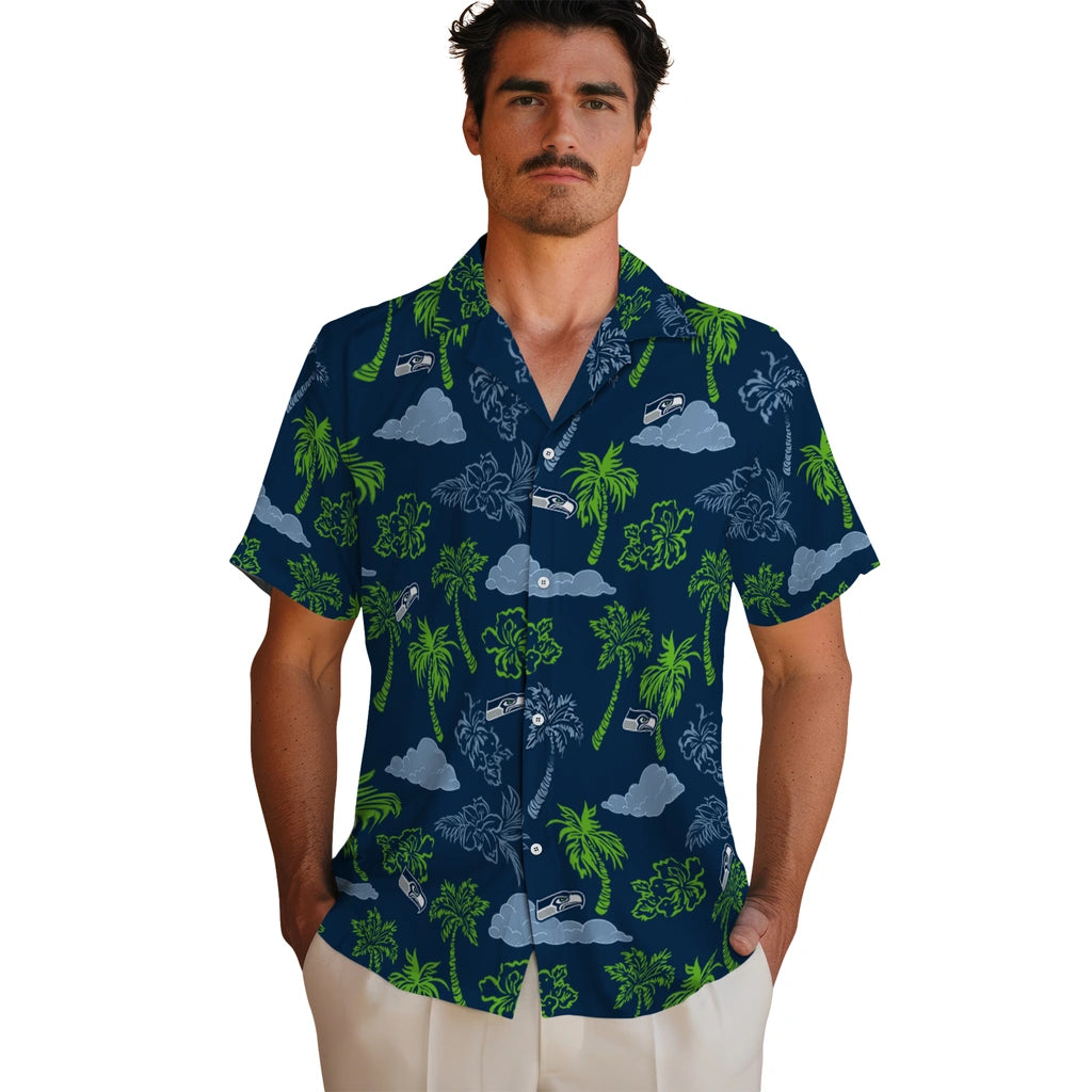 Seattle Seahawks Hawaiian Shirt - Palm And Clouds | Moonbestprint