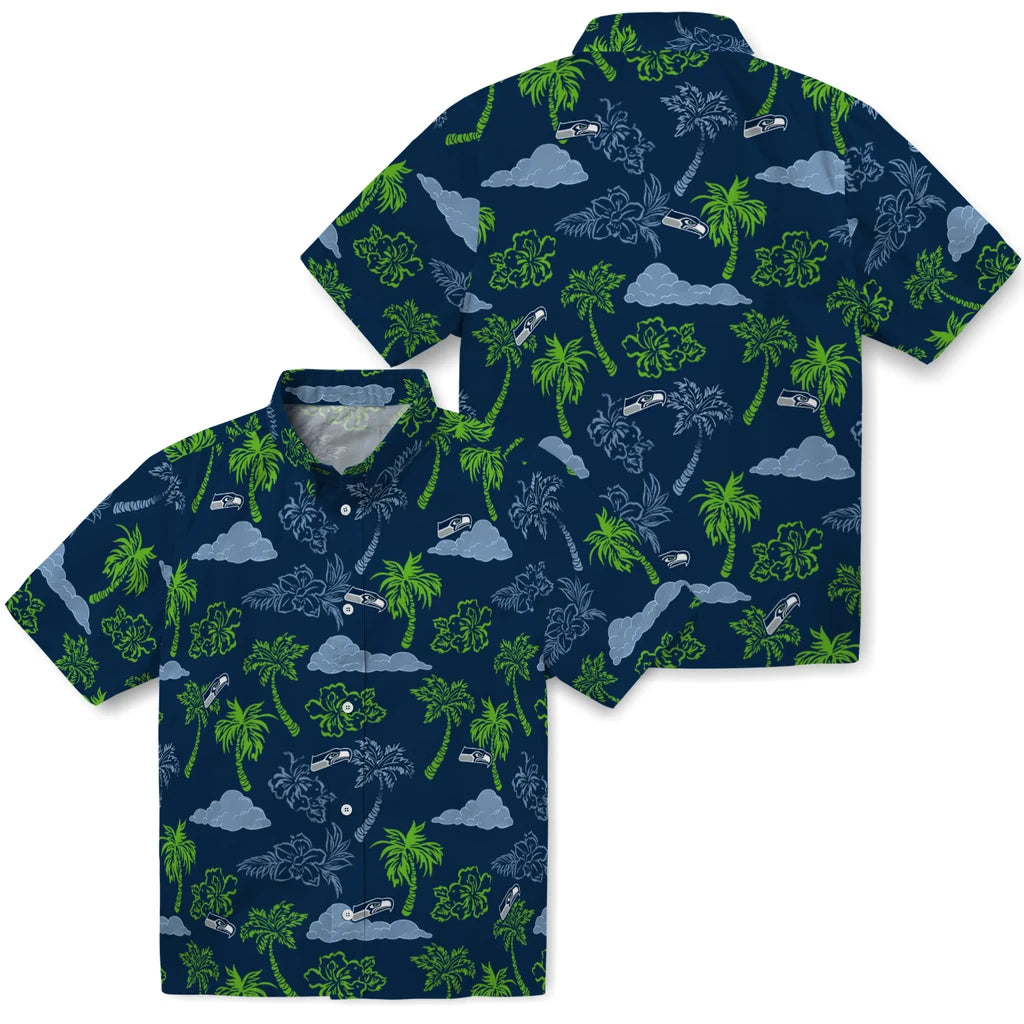 Seattle Seahawks Hawaiian Shirt - Palm And Clouds | Moonbestprint