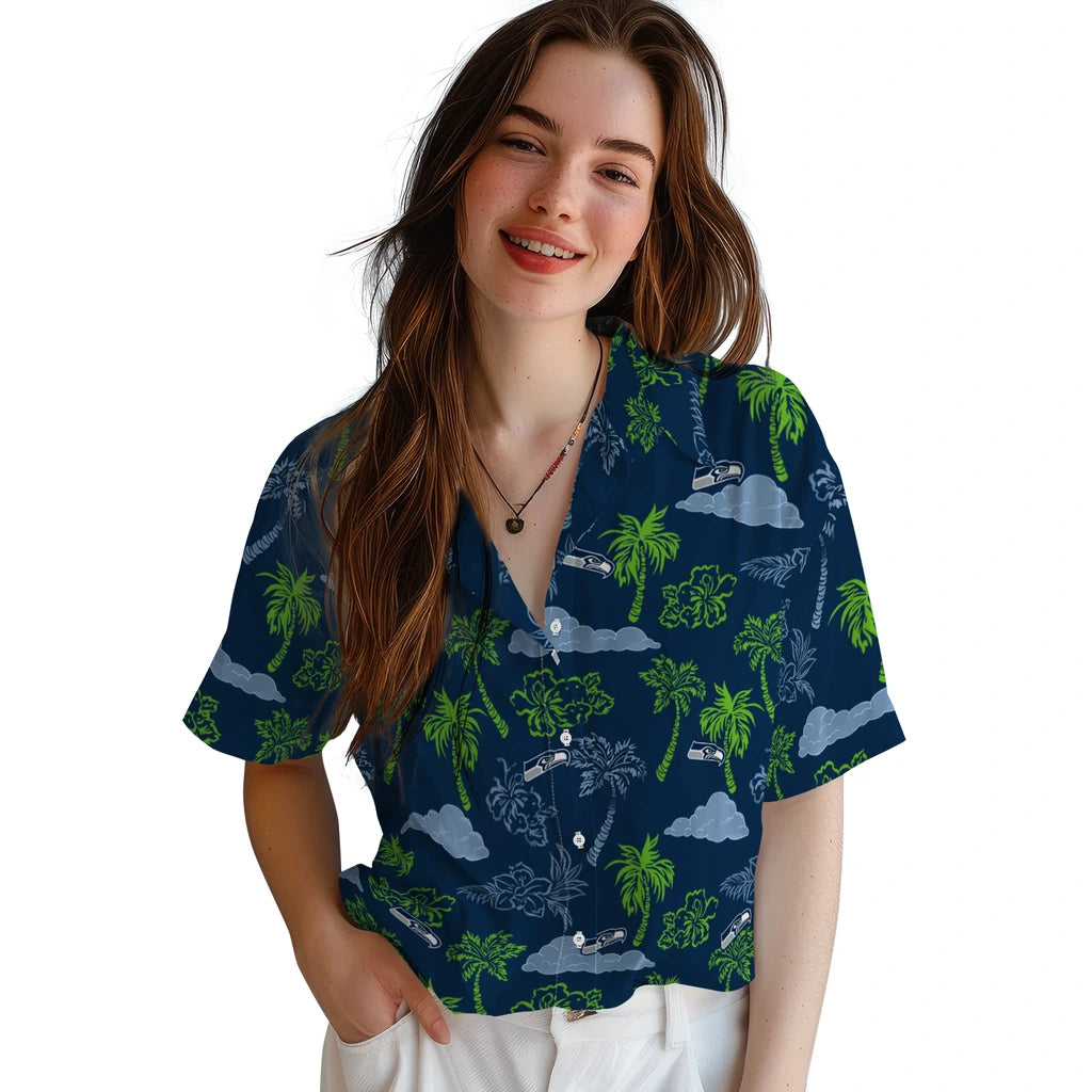 Seattle Seahawks Hawaiian Shirt - Palm And Clouds | Moonbestprint
