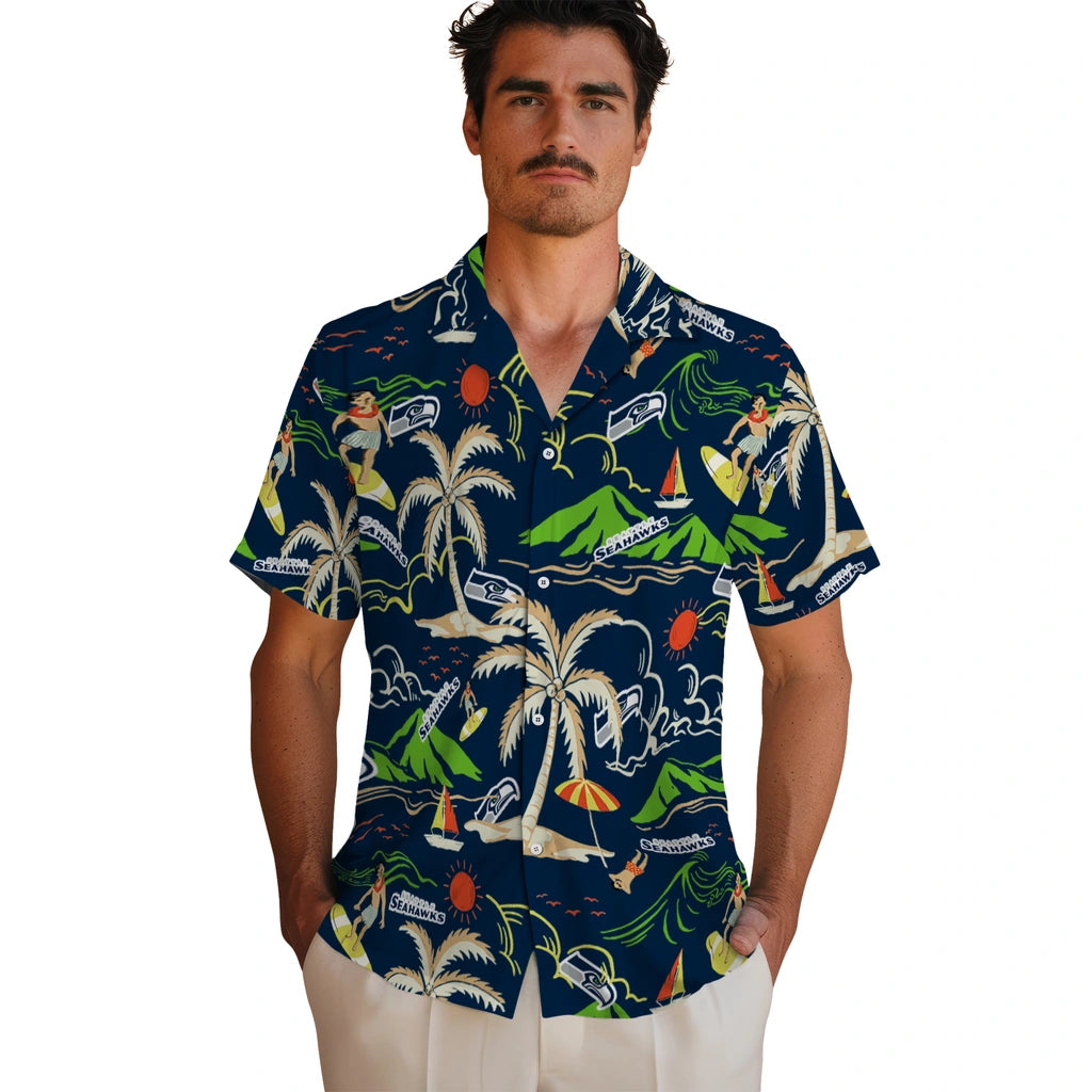 Seattle Seahawks Hawaiian Shirt - Palm Tree Island | Moonbestprint