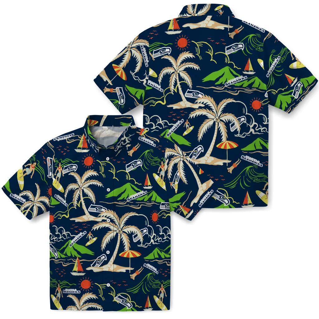 Seattle Seahawks Hawaiian Shirt - Palm Tree Island | Moonbestprint