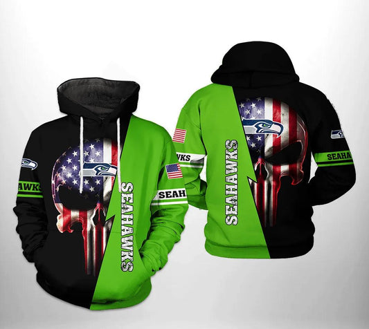 Seattle Seahawks NFL US Flag Skull Team NFL 3D All Over Print Hoodie -Moonbestprint