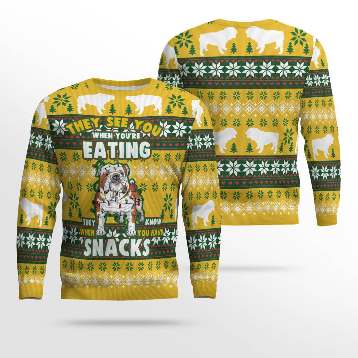 Bulldog They See You When You're Eating Snack Ugly Christmas Sweater Gold Metallic – Moonbestprint
