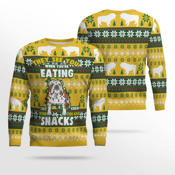 Bulldog They See You When You're Eating Snack Ugly Christmas Sweater Gold Metallic – Moonbestprint
