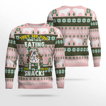 Bulldog They See You When You're Eating Snack Ugly Christmas Sweater Powder Pink – Moonbestprint