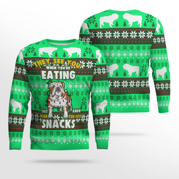 Bulldog They See You When You're Eating Snack Ugly Christmas Sweater Green – Moonbestprint