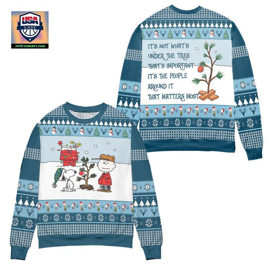 Snoopy And Charlie Brown Its Not What Under The Tree Ugly Christmas Sweater ? White Blue ? Usalast