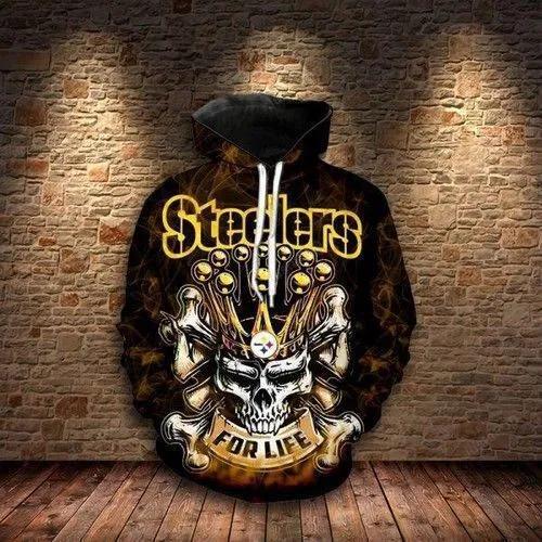 Steelers For Life King Skull Pittsburgh Steelers NFL 3D All Over Print Hoodie -Moonbestprint