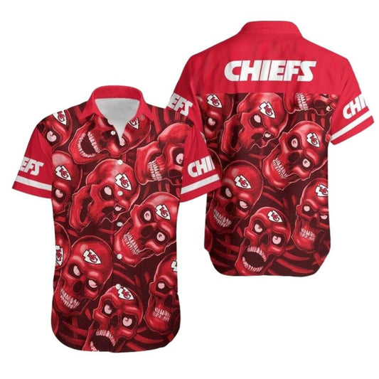 Kansas City Chiefs Graphic Printed Unisex Smiling Skull Hawaiian Shirt - Moonbestprint