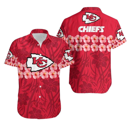 Kansas City Chiefs Red Hawaiian Shirt With Flower Graphic Unisex Aloha Tee - Moonbestprint