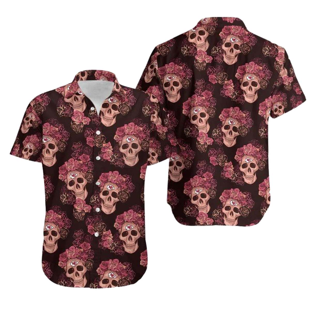 Kansas City Chiefs Graphic Unisex Hawaiian Shirt With Skull & Flower Design - Moonbestprint